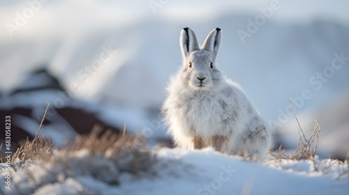 Mountain Hare in Winter Coat on Snowy Highland