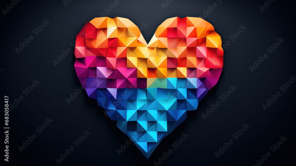 A vibrant geometric heart against a dark background, a modern symbol of love and diversity.