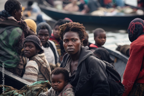 Sad African American migrants women, men and kids in the boats. Refugees and asylum seekers coming to Europe by sea ocean. Growing illegal migration flows, integration of migrants and immigrants photo