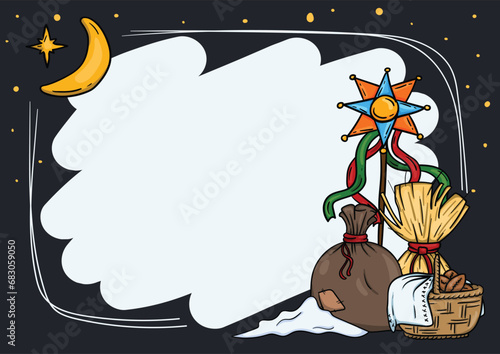 Bright vector illustration. Ukrainian Christmas card template with national traditions and elements.