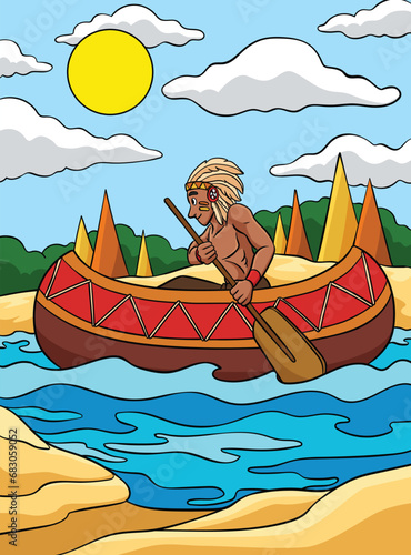 Native American Indian Canoe Colored Cartoon photo