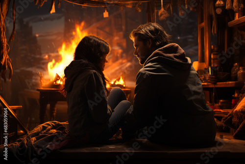A couple sitting near a fireplace. A man and a woman sitting in front of a fire