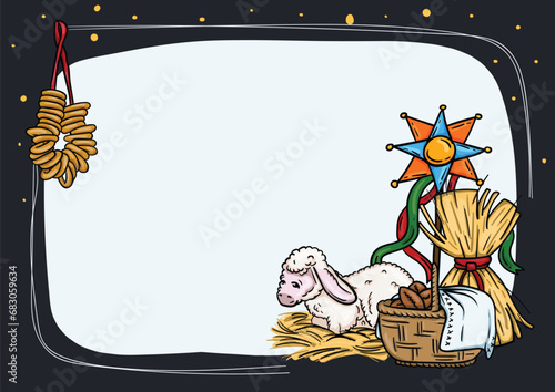 Bright vector illustration. Ukrainian Christmas card template with national traditions and elements.