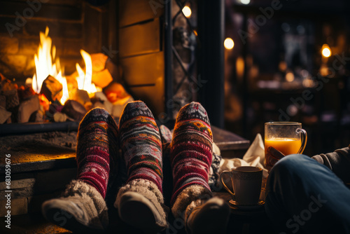 Feet of couple in winter socks sitting near fireplace. A person sitting in front of a fire with their feet up