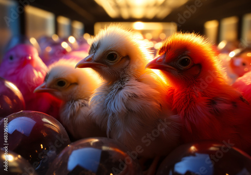 Poultry eggs an image of a farm. A group of small chickens standing next to each other photo