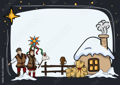 Bright vector illustration. Ukrainian Christmas card template with national traditions and elements.