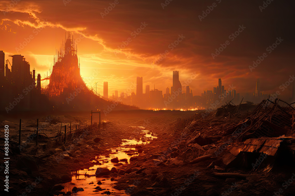 Obraz na płótnie widok zniszczonego miasta na tle zachodzącego słońca po wojnie w salonie