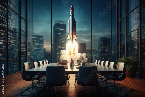 Rocket launch in meeting room, concept of successful startup and new ideas. Generative AI photo