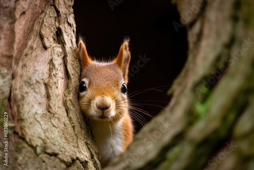 Squirrel peeks out of hollow tree. Generative AI © masharinkaphotos