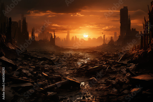 widok zniszczonego miasta na tle zachodzącego słońca po wojnie