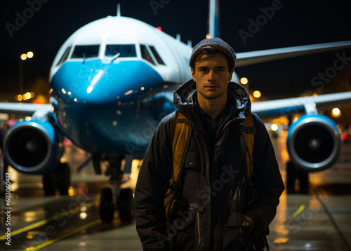 A crew member standing outside of an airplane. A man standing in front of an airplane at night