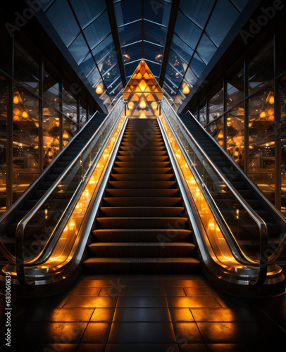 An image of an escalator in a dark place. An escalator with lights going down it