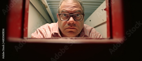 Inside view of an extreme close up photo of a professional man with intense focus in his eyes and sad face. Shot focused from inside a box. Generative ai