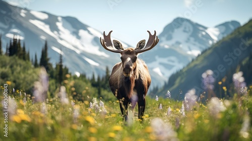 Moose in Wildflower Meadow with Mountain Range in the Background