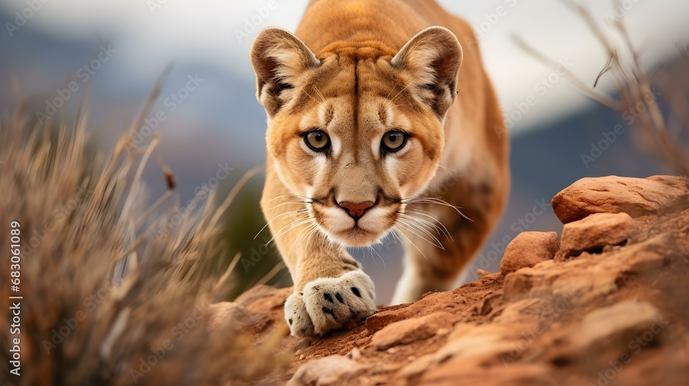 Obraz premium Mountain Lion eyeing Prey from Rocky Cliff