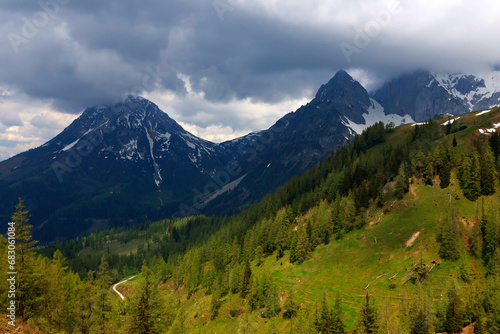 The Dachstein mountain range under stormy clouds, Upper-Austria, Europe 