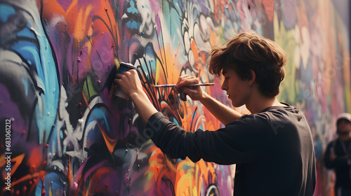 Young street graffiti artist paints colorful graffiti on brick wall. Street art and contemporary painting process. Entertainment in youth subculture photo