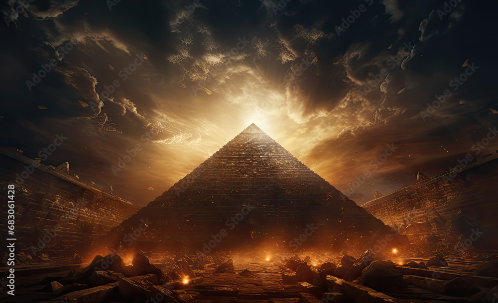 widok piramidy i energi blisko niej przy pięknych chmurach - obrazy, fototapety, plakaty 