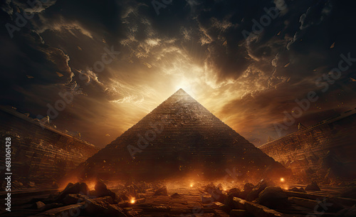 widok piramidy i energi blisko niej przy pięknych chmurach