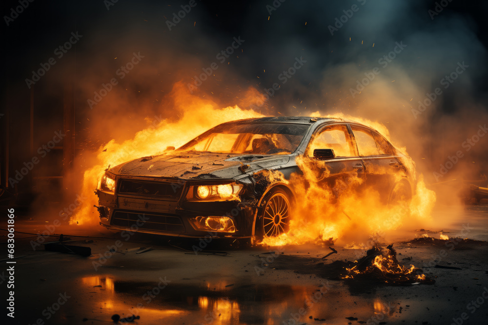 At night, a car is burning on the street with a bright flame and thick smoke is coming out.