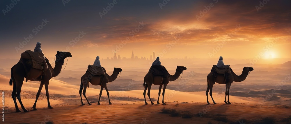 Sunset silhouette of a group of camels with riders surveying the desert horizon against the backdrop of a large distant city during sunset Sunset silhouette of a group of camels with riders surveying the desert horizon against the backdrop of a large distant city during sunset