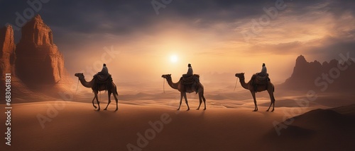 Silhouette of three camels with riders in motion against the background of sunset sky and mountains