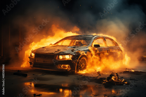 At night, a car is burning on the street with a bright flame and thick smoke is coming out.
