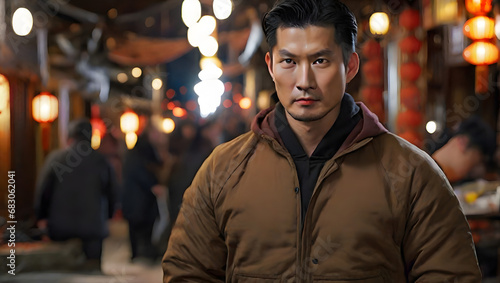 Asian man outdoors wearing jacket at night © Hanna Ohnivenko
