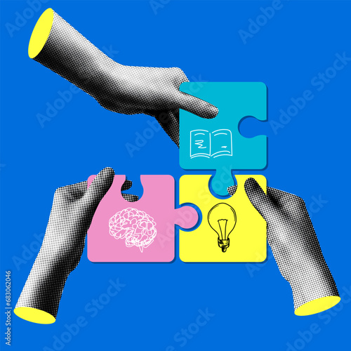 Modern collage with halftone hands holding a puzzle. Team building concept. People holding a pieces of jigsaw. Teamwork. Team communication. Joint cooperation. Idea generation. Newspaper elements