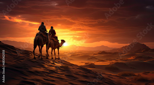 Obraz wędrujące wielbłądy przez pustynie zalaną po powodzi