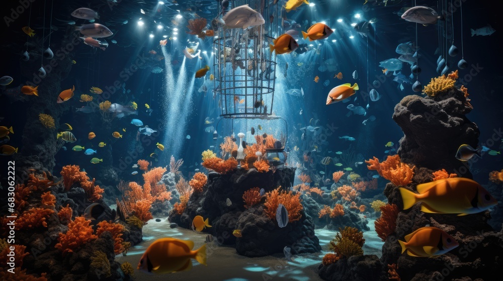 Underwater Marine Life in a Large Aquatic Tank