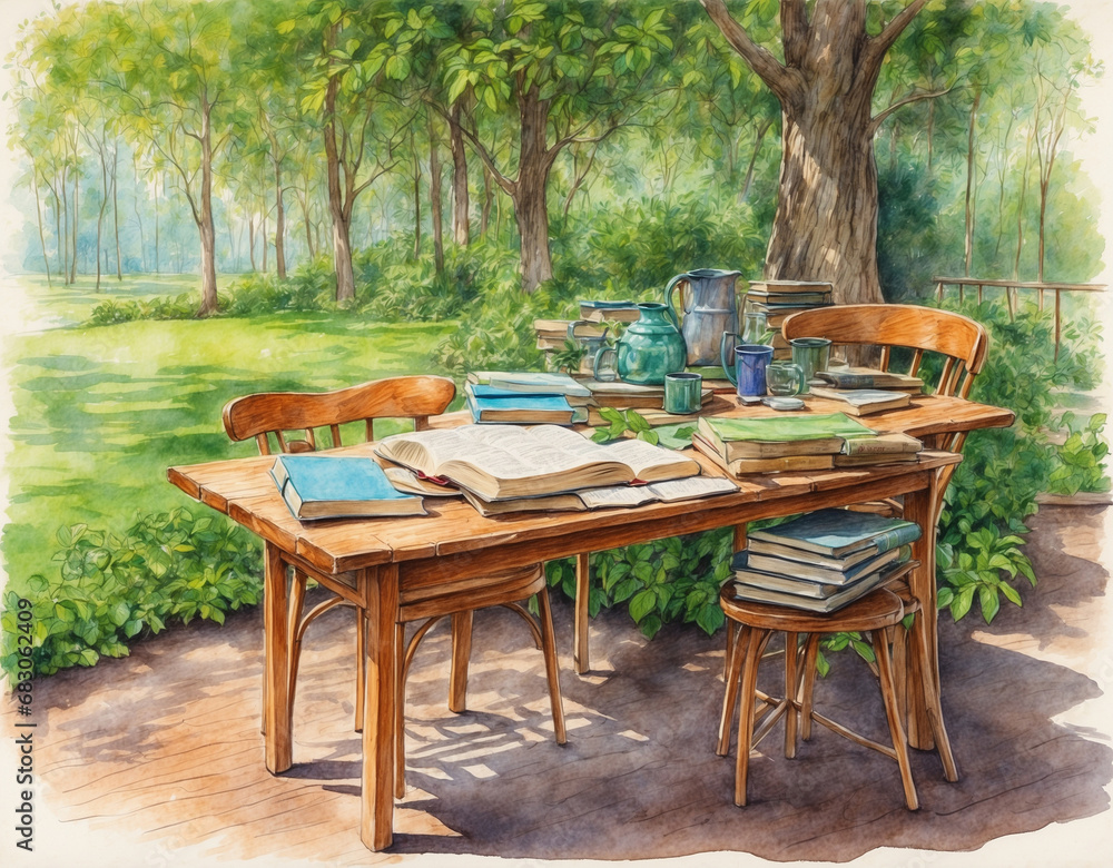 The table is neatly arranged with books on it. In the open nature which is shady, green and cool. Lots of fresh trees. In the form of an oil painting