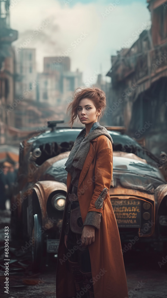 Fototapeta premium Steampunk woman standing near old-fashioned mechanical vehicle on old town background. Steampunk and retro-futurism style.