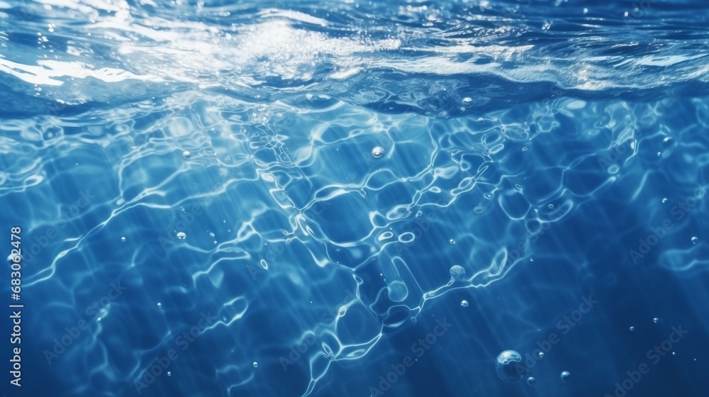 Black water with ripples on the surface. Defocus blurred transparent blue colored clear calm water surface texture with splashes and bubbles. Water waves with shining pattern texture background