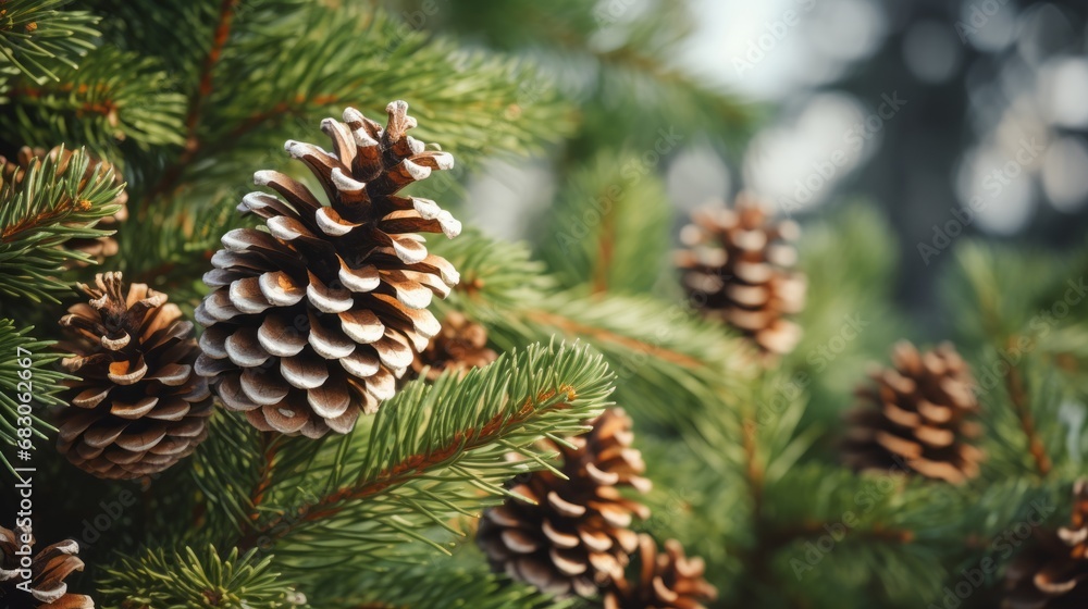 Natural cones and spruce twigs. Christmas and winter background in natural forest colors. Close-up