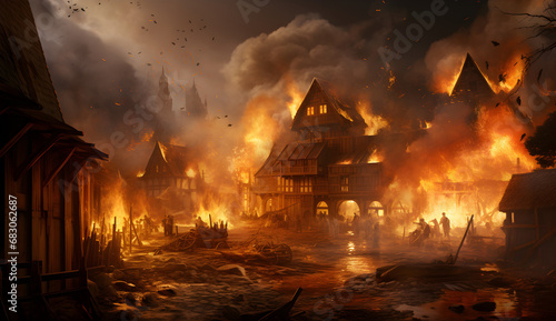 A medieval village settlement is under attack by Viking barbarians, causing a fire and destruction in the city, photo