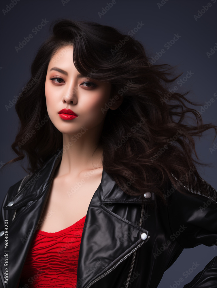a beautiful Japanese young women with red lips wearing leather jacket