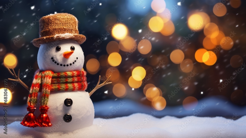 Fototapeta premium Snowman with christmas decoration and bokeh lights on background