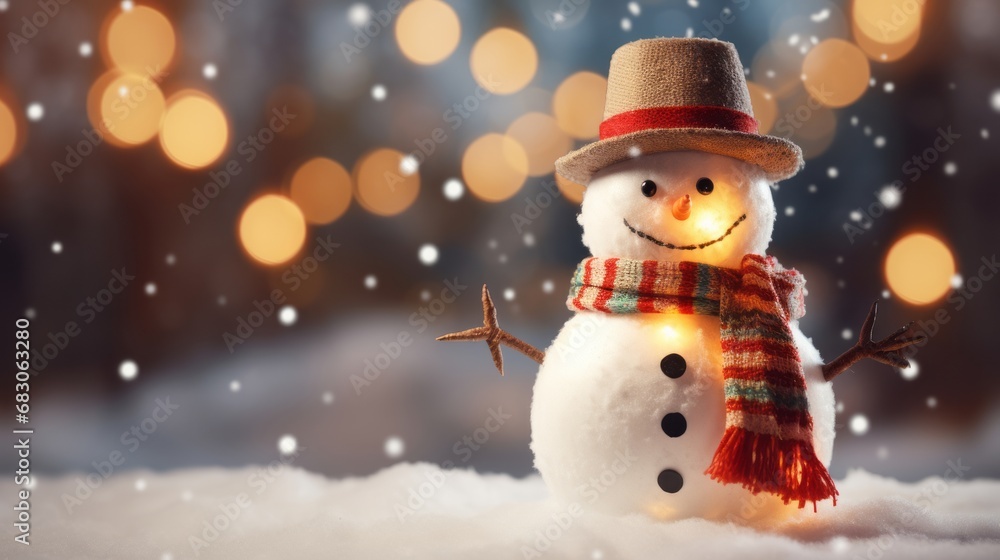 Snowman with christmas decoration and bokeh lights on background