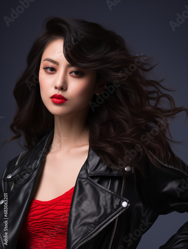 a beautiful Japanese young women with red lips wearing leather jacket