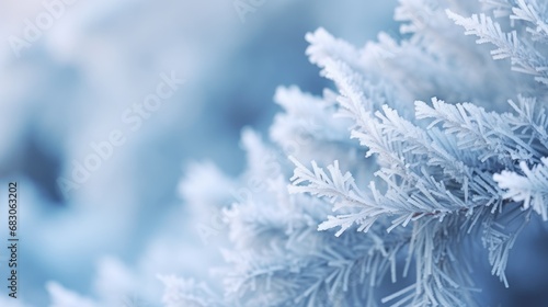 Hoarfrost on a branch of a Christmas tree. Winter background © vannet