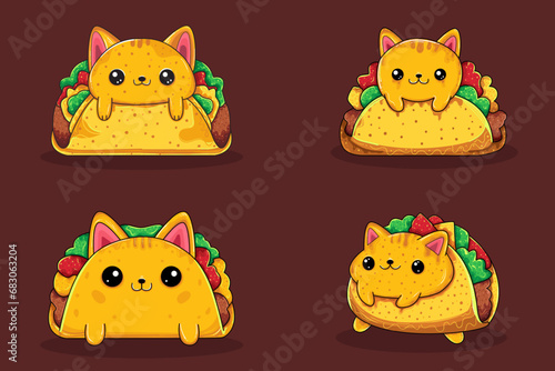 Adorable set of four cartoon cats dressed as tacos. Perfect for adding a playful touch to any design, from kids' products to social media graphics