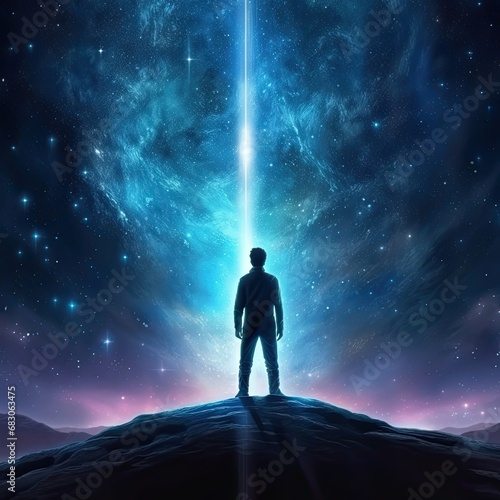 Silhouette of Astronomer Standing Under Starry Sky in Outer Space