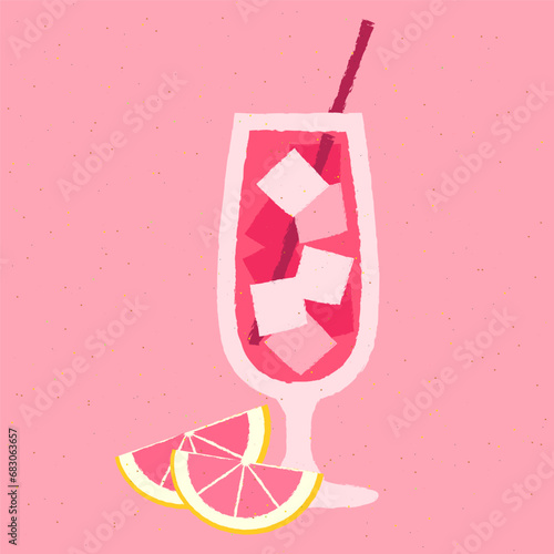 Cold drink with ice cubes and citrus fruits. Hurricane refreshing cocktail in glass on a stem. Alcohol drink with grapefruit. Vector flat illustration with texture. Bright pink beveridge