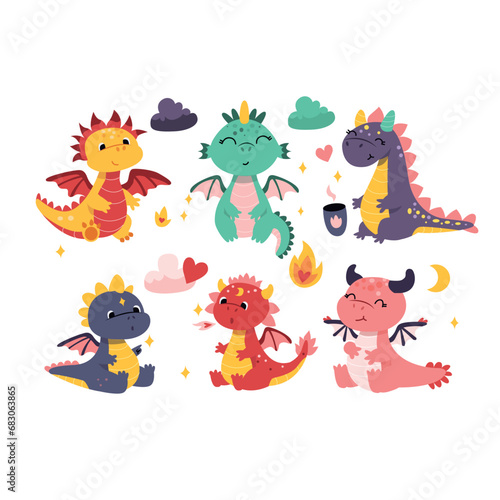 Colorful Cartoon Dragons Collection: A playful and vibrant collection of six unique cartoon-style dragons.
