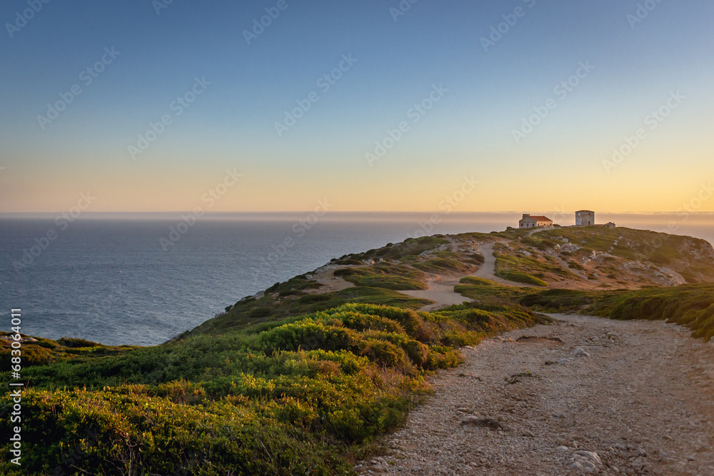 Cabo Espichel headland In Setubal District, Portugal, view with abandoned building - observation post
