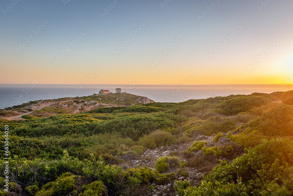 Cabo Espichel headland In Setubal District, Portugal, view with abandoned building - observation post