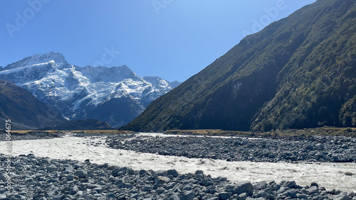 The Tasman river flowing through alpine grassland in Tasman valley Mount Cook National Park photo