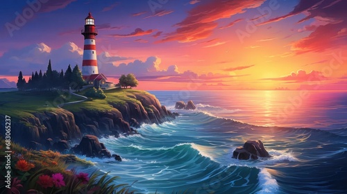 a lifelike lighthouse set against a deep sea blue background with rain, evoking a sense of coastal drama.