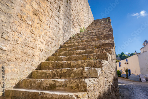 Stairs on a castle wall in Obidos town, Oeste region, Leiria District of Portugal
